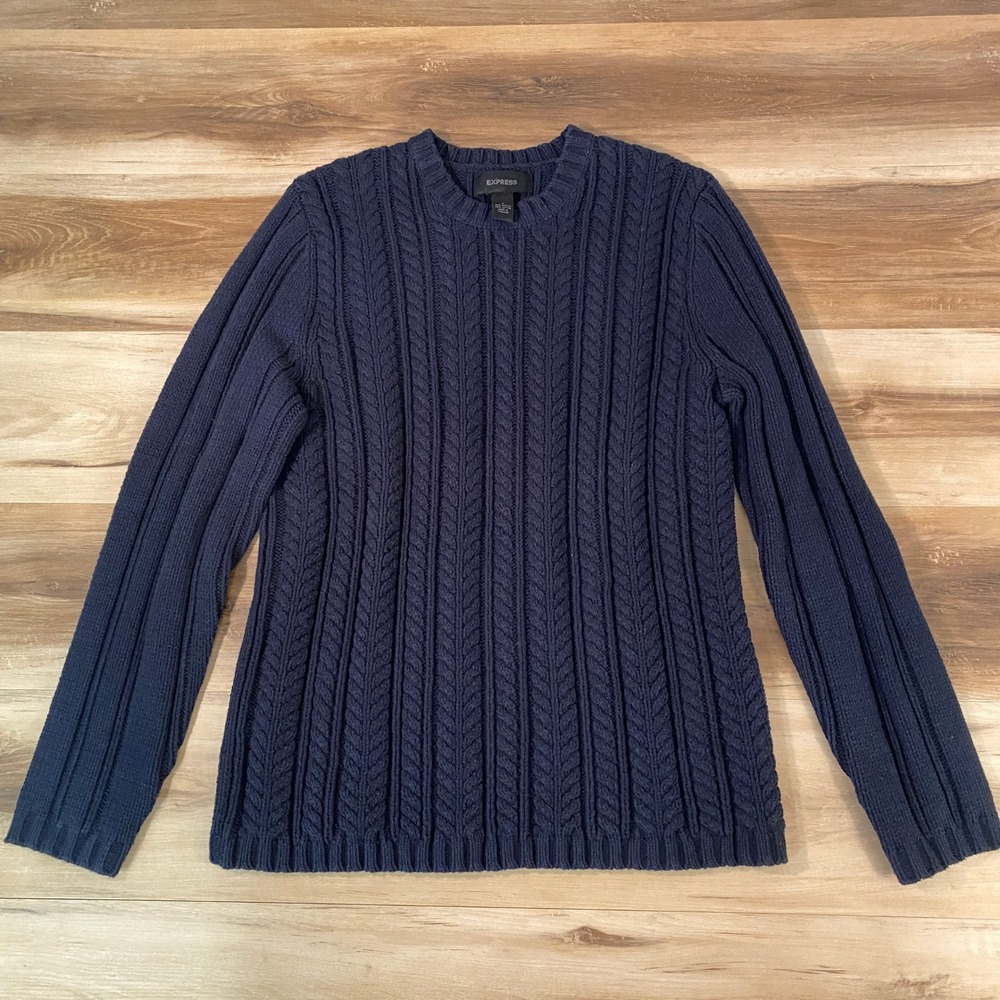 Express Mens‎ Navy Blue Cable Knit Crewneck Sweater Cotton Blend Large
